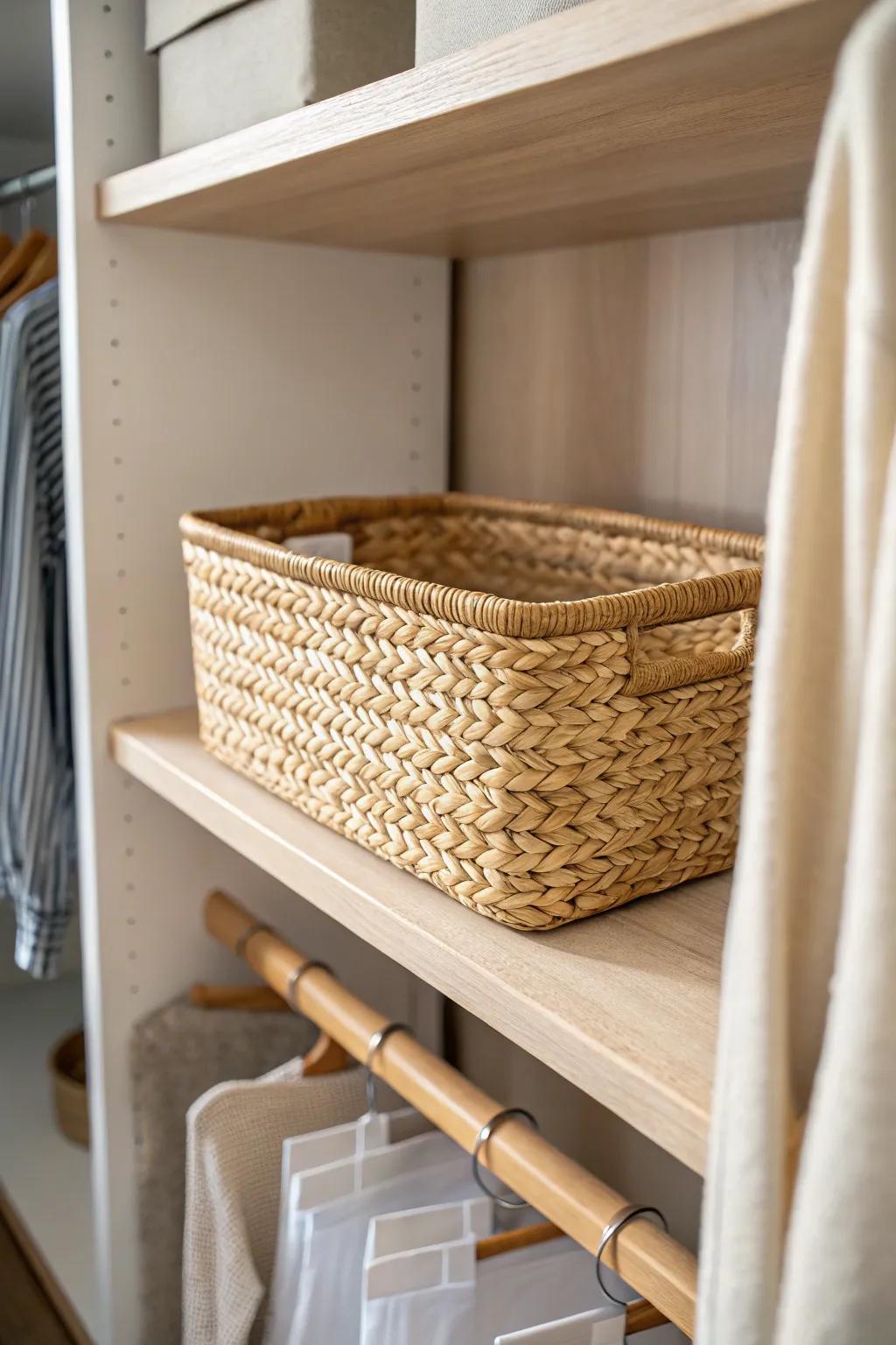 A slim oak front lip keeps shallow-closet bins perfectly in place—no more slide-outs.