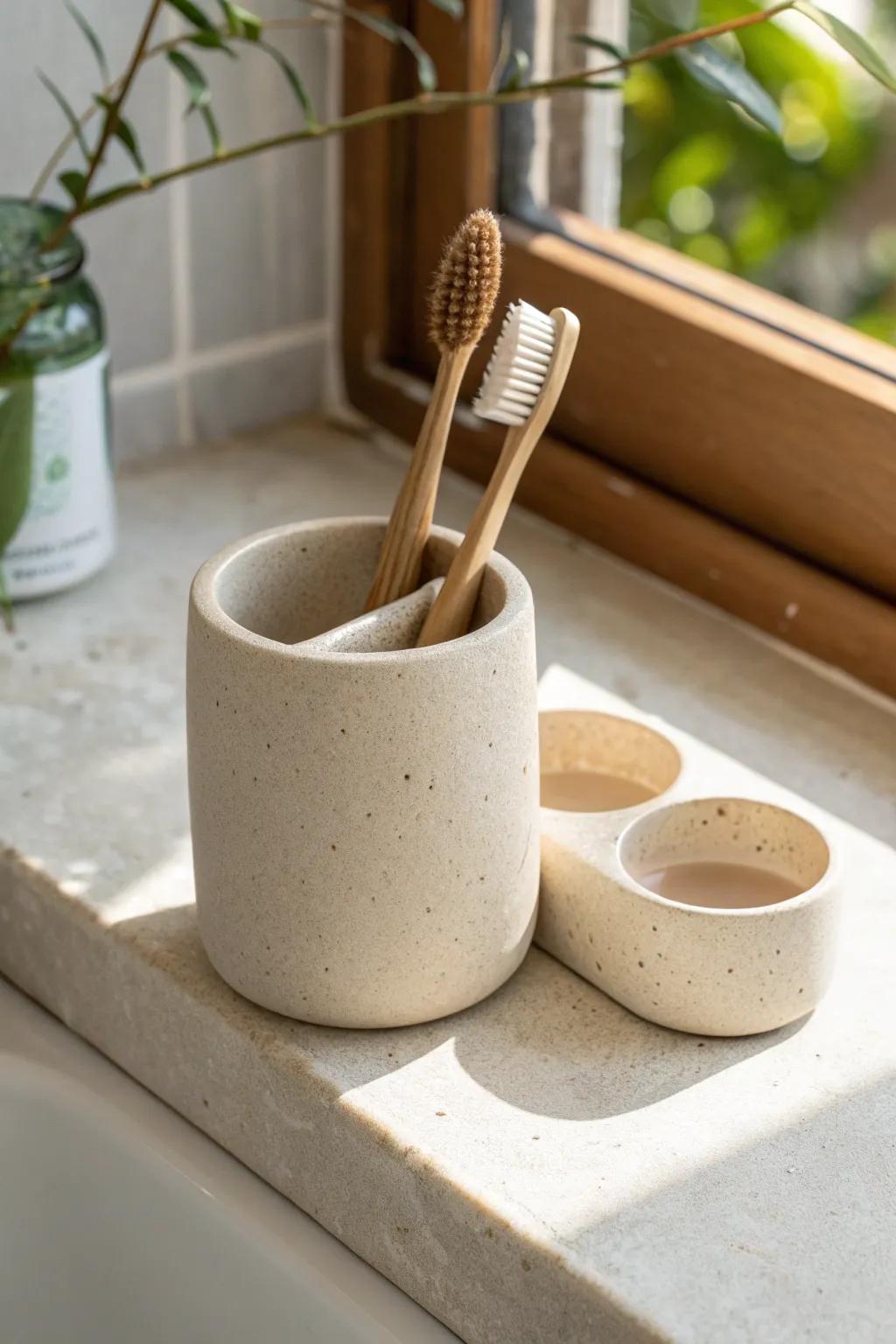 A calm two-person toothbrush zone: one handcrafted holder keeps the sink clutter-free.