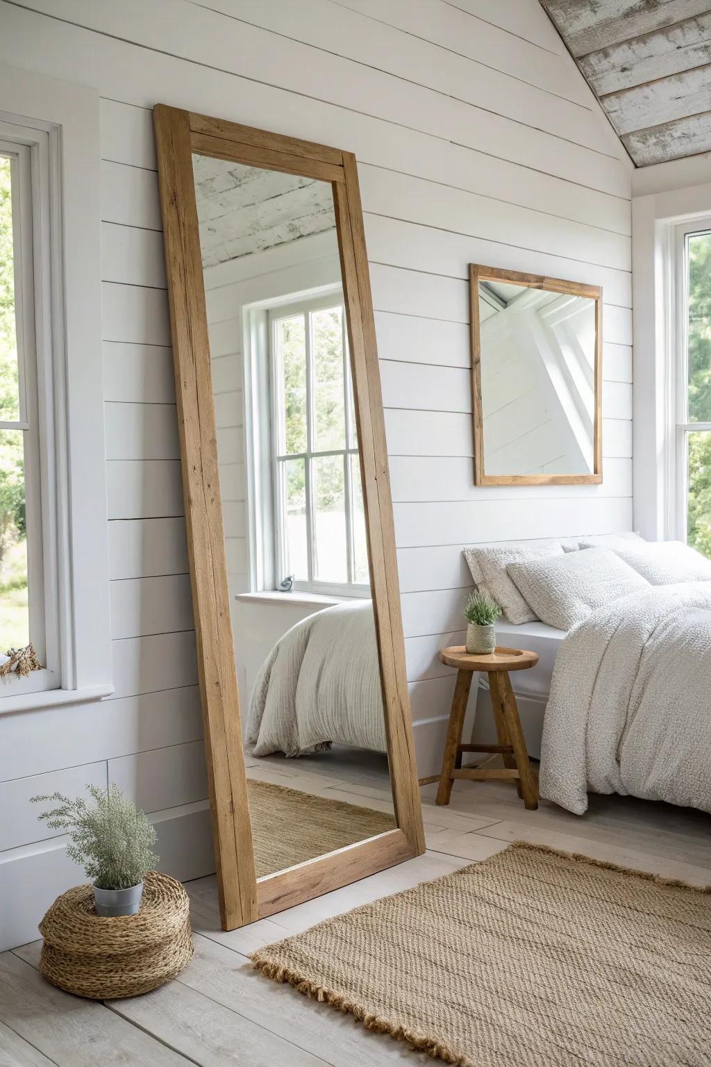 One oversized mirror bounces window light to instantly brighten and visually expand a shed bedroom.