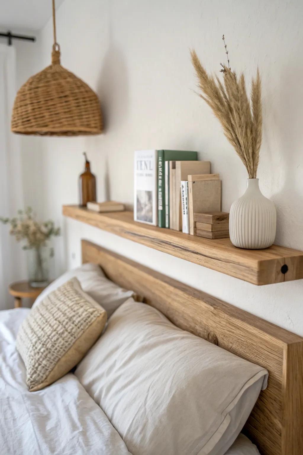 A book rail shelf above the bed keeps night reads close—cozy ritual, zero clutter.