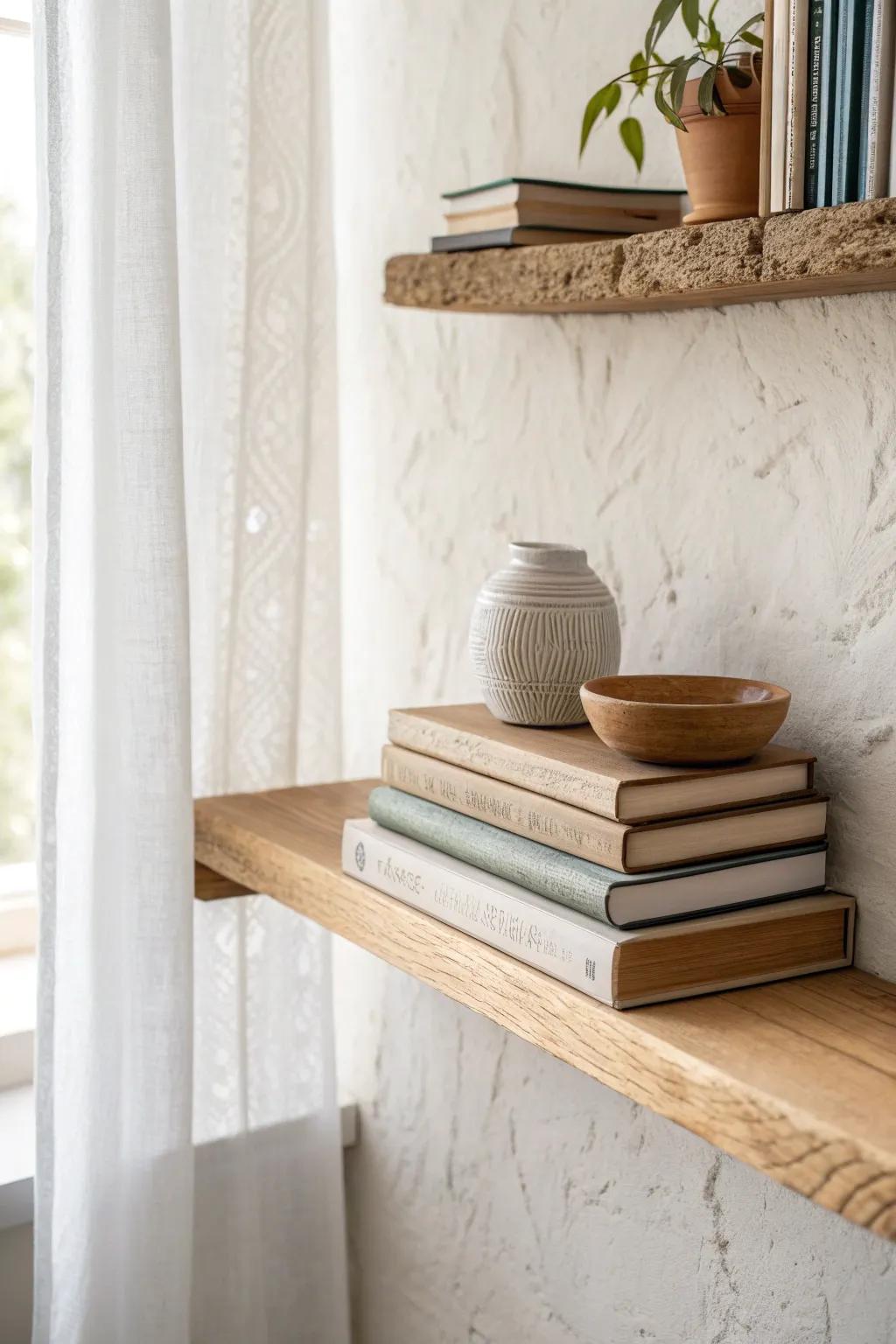 Stack books horizontally and leave breathing room for shelves that look curated, not cluttered.