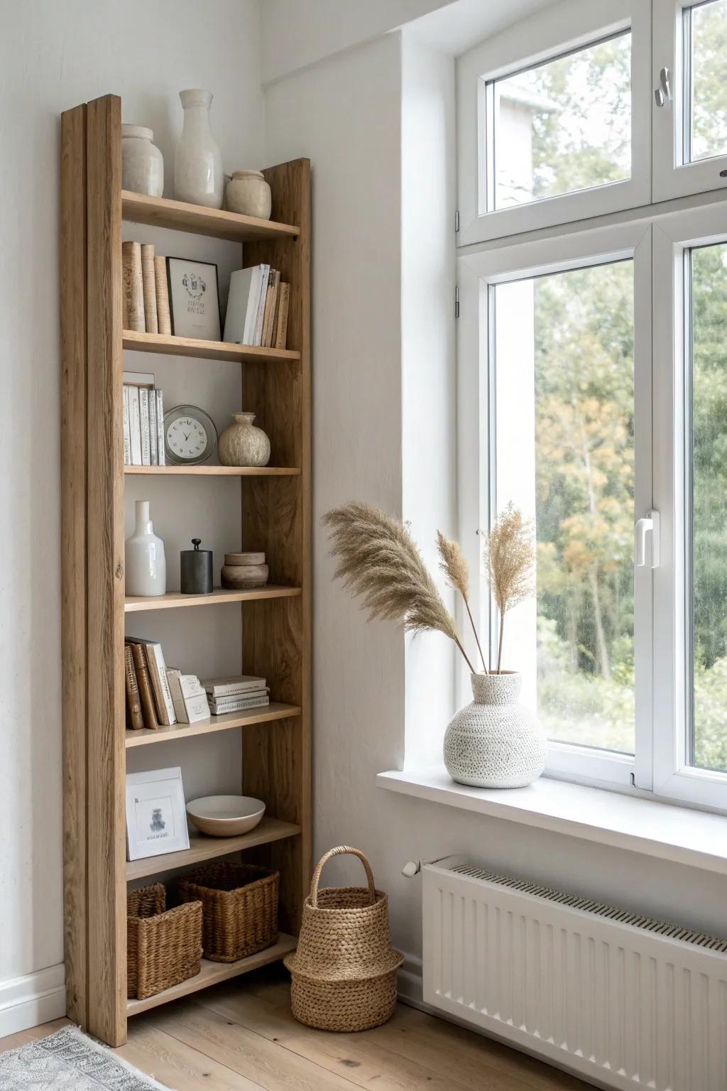 Window-framing shelves in pale tones that glow in daylight—an airy layout for small spaces.
