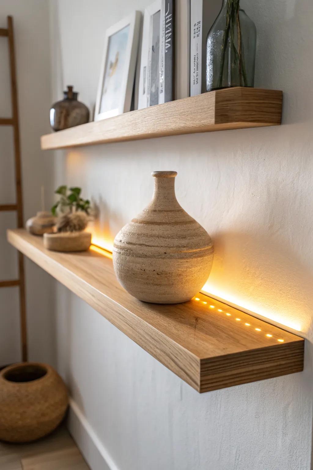 Warm under-shelf lighting turns a simple oak shelf into a cozy, high-end focal point.