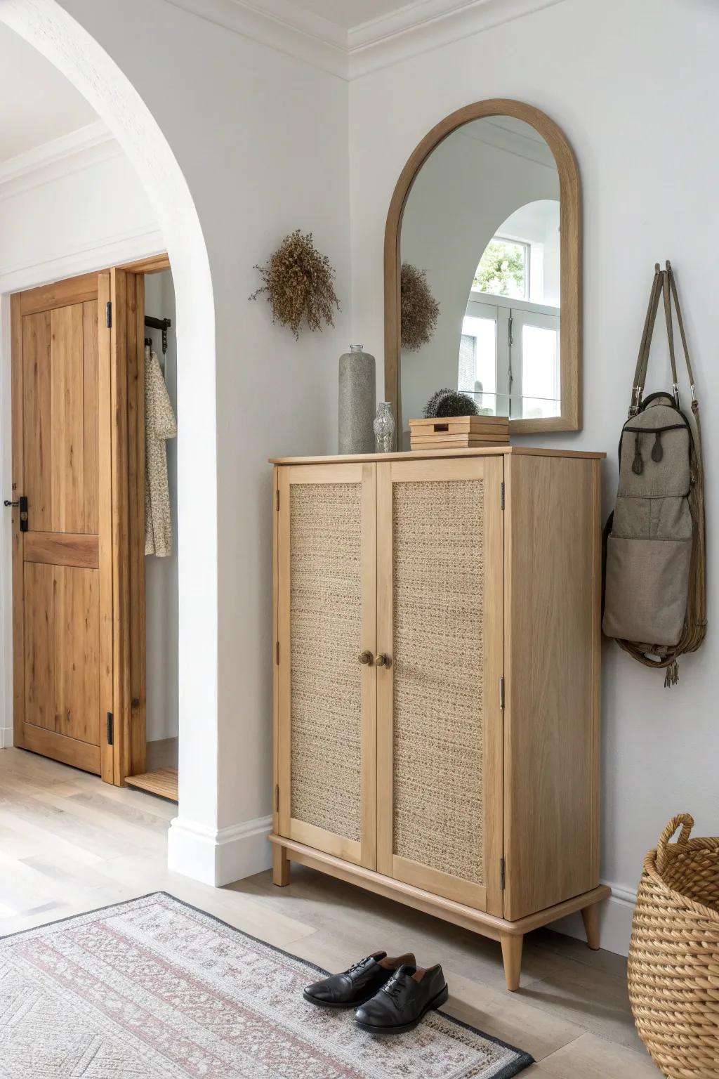 Mirror-backed shoe cabinet styling that brightens a small entryway and keeps grab-and-go essentials neat.