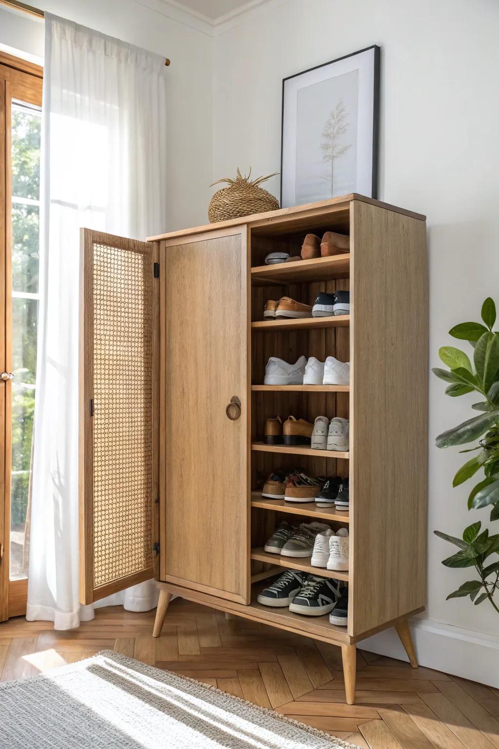 Repurposed cabinet shoe bar: closed storage outside, perfectly spaced shelves inside.