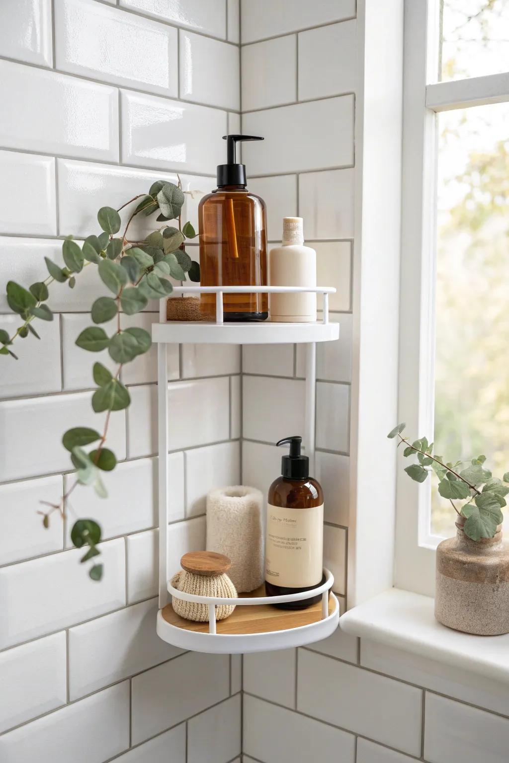A two-tier corner shelf that keeps shared shower essentials separate and beautifully minimal.