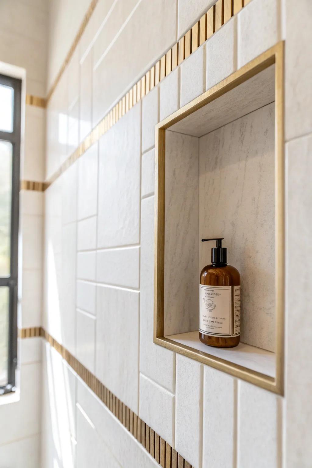 Carry the niche trim into an accent stripe to visually widen a small shower—simple and designer-cool.