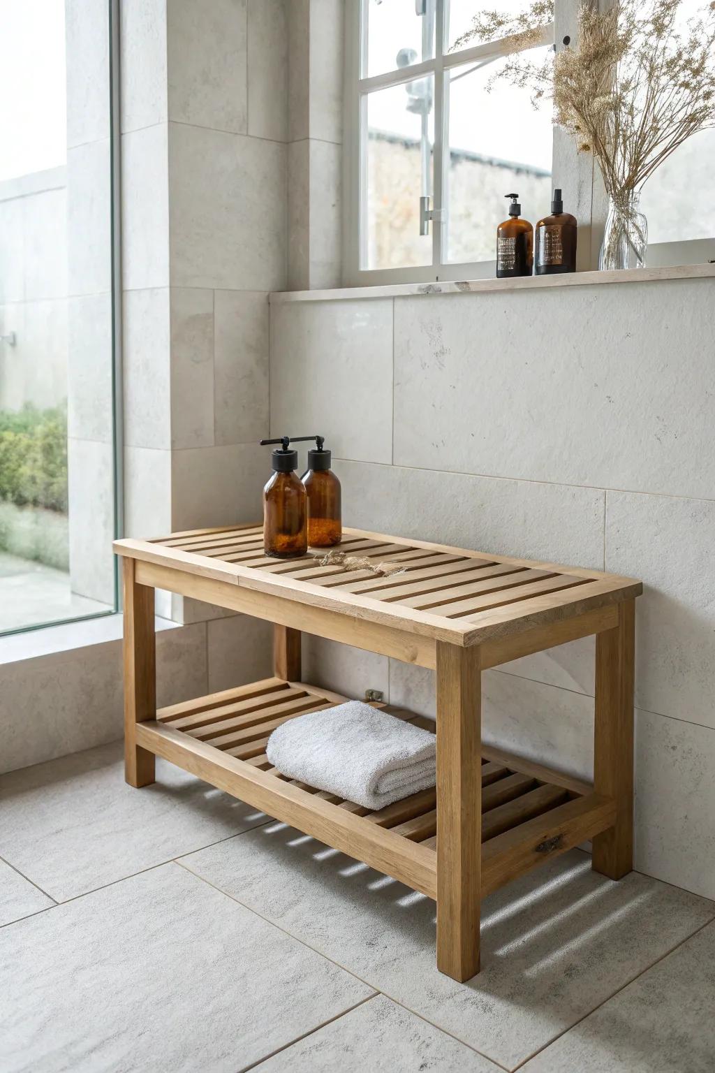 A sleek shower bench with under-shelf storage keeps heavy bottles tidy and within reach.