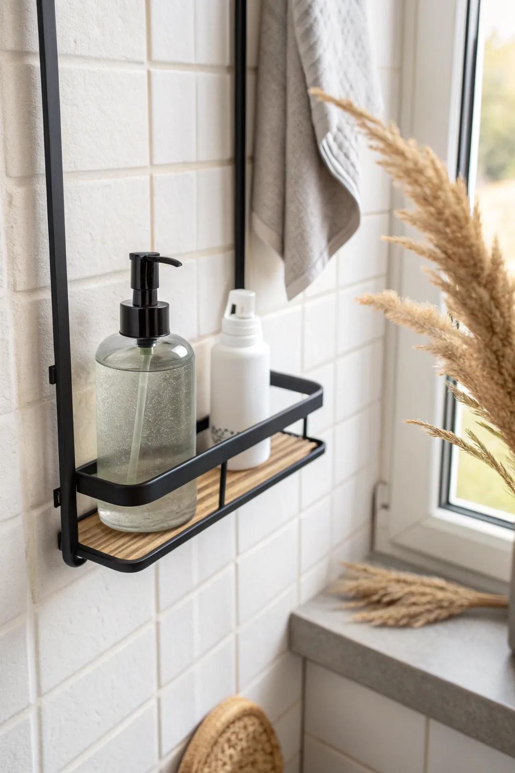 A magnetic mini shelf on a metal frame—sleek, movable storage for tiny shower essentials.