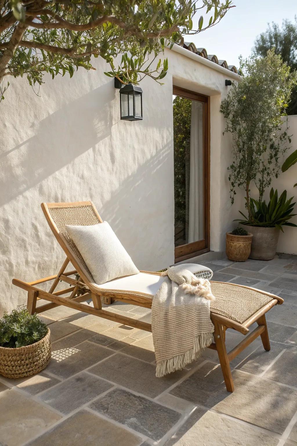 A single chaise turns a narrow side patio into a mini lounge retreat—simple, airy, chic.