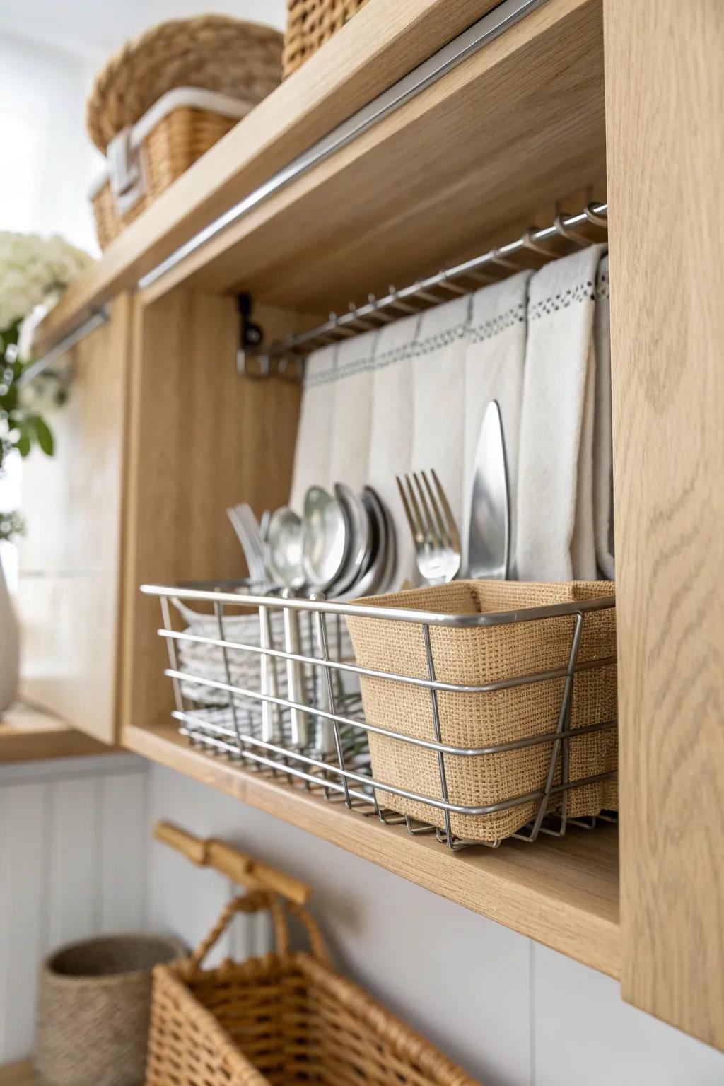 A hidden-drawer hack: tuck extra silverware into an under-shelf hanging basket.