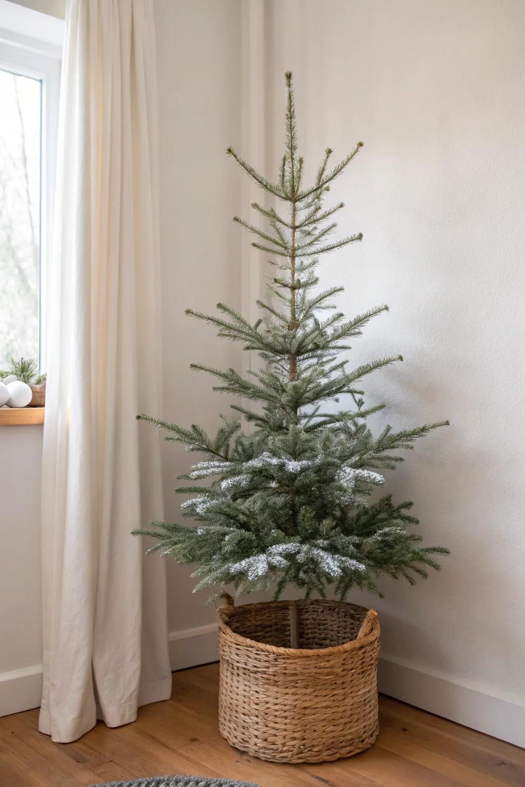 Faux snow adds instant fullness to a slim tree—airy, cozy, and beautifully minimalist.