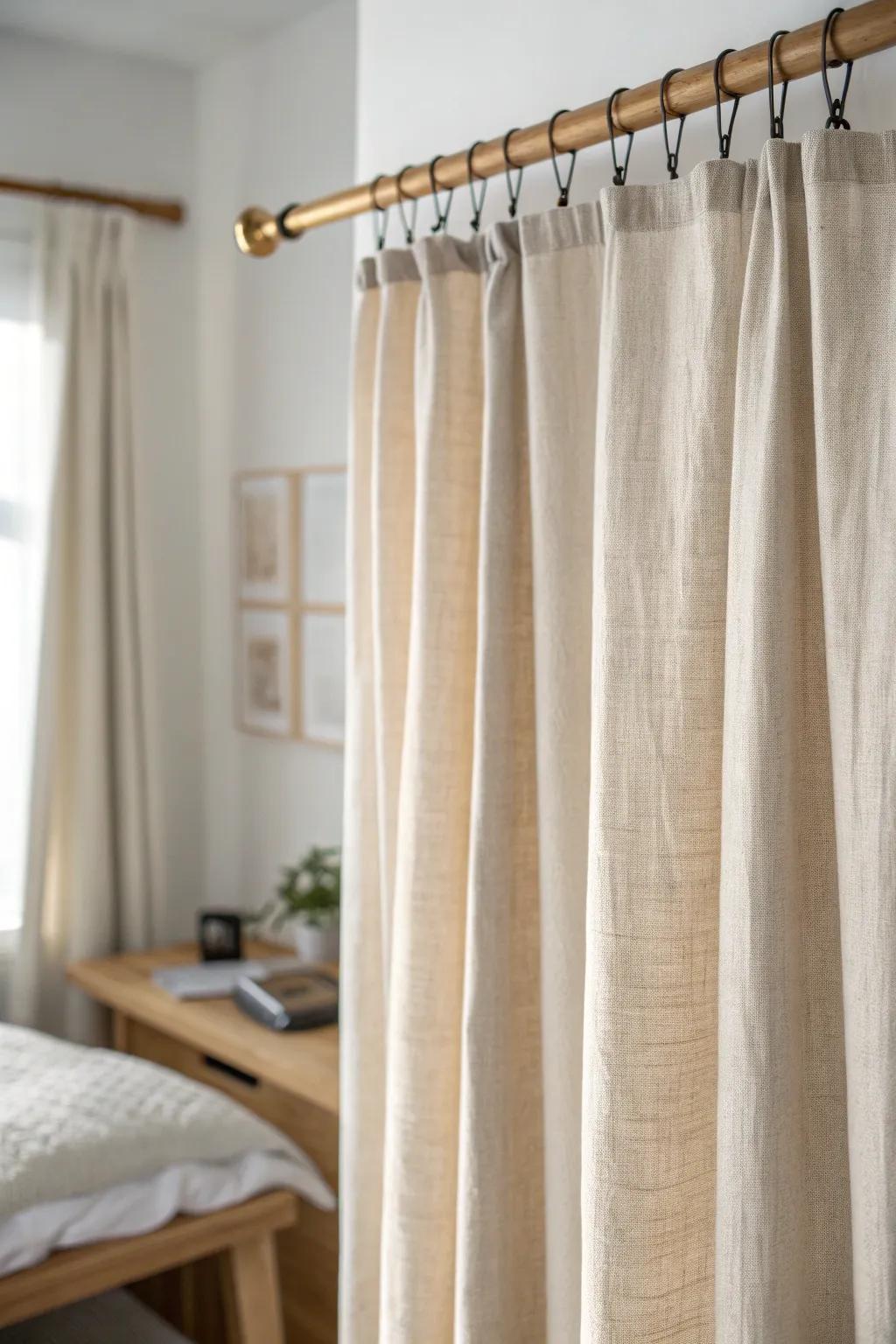 A simple linen curtain wall softens a single dorm room and separates sleep from study.