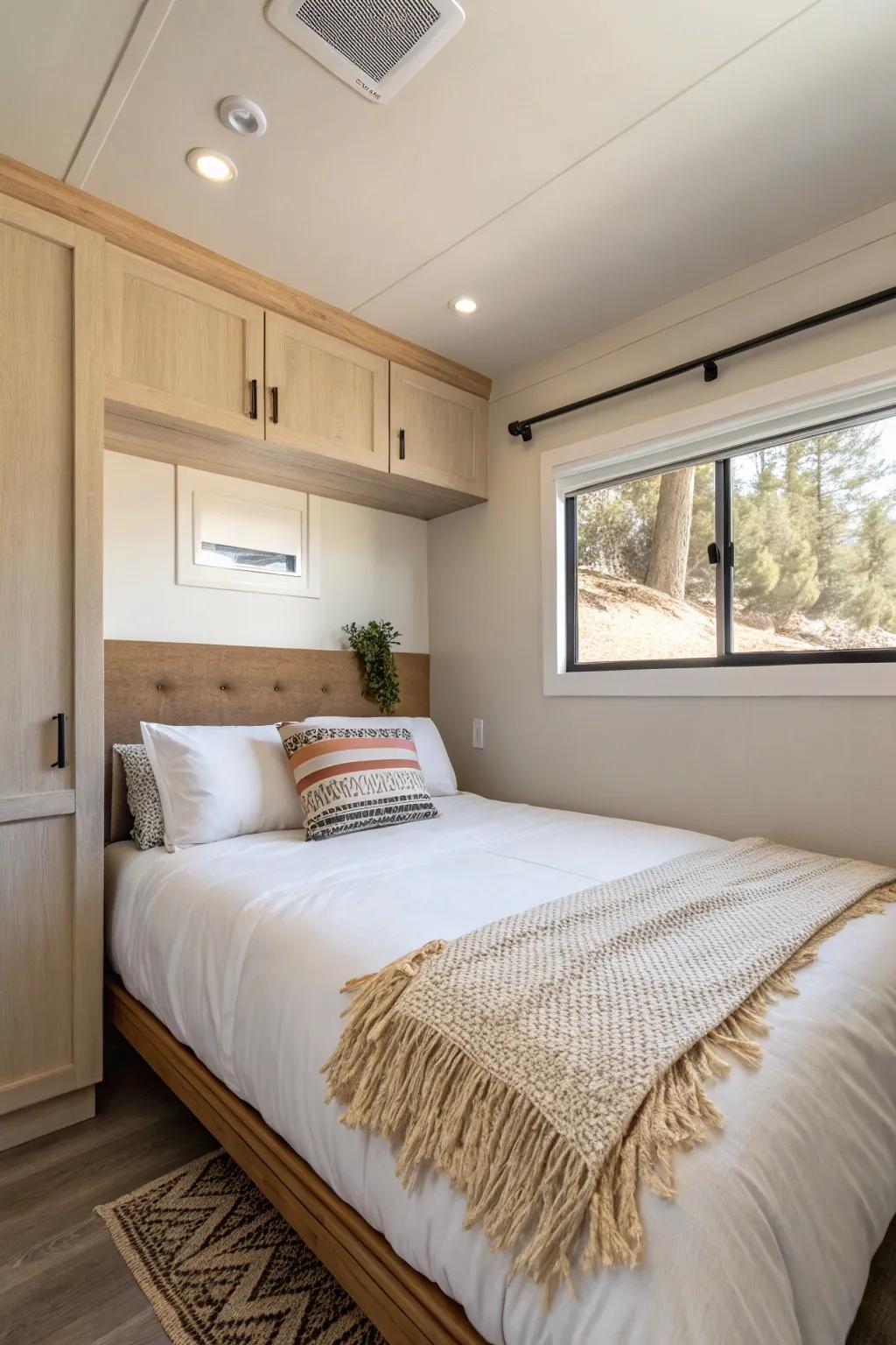 Mid-tone greige headboard wall: a cozy trick to soften a narrow single-wide bedroom.