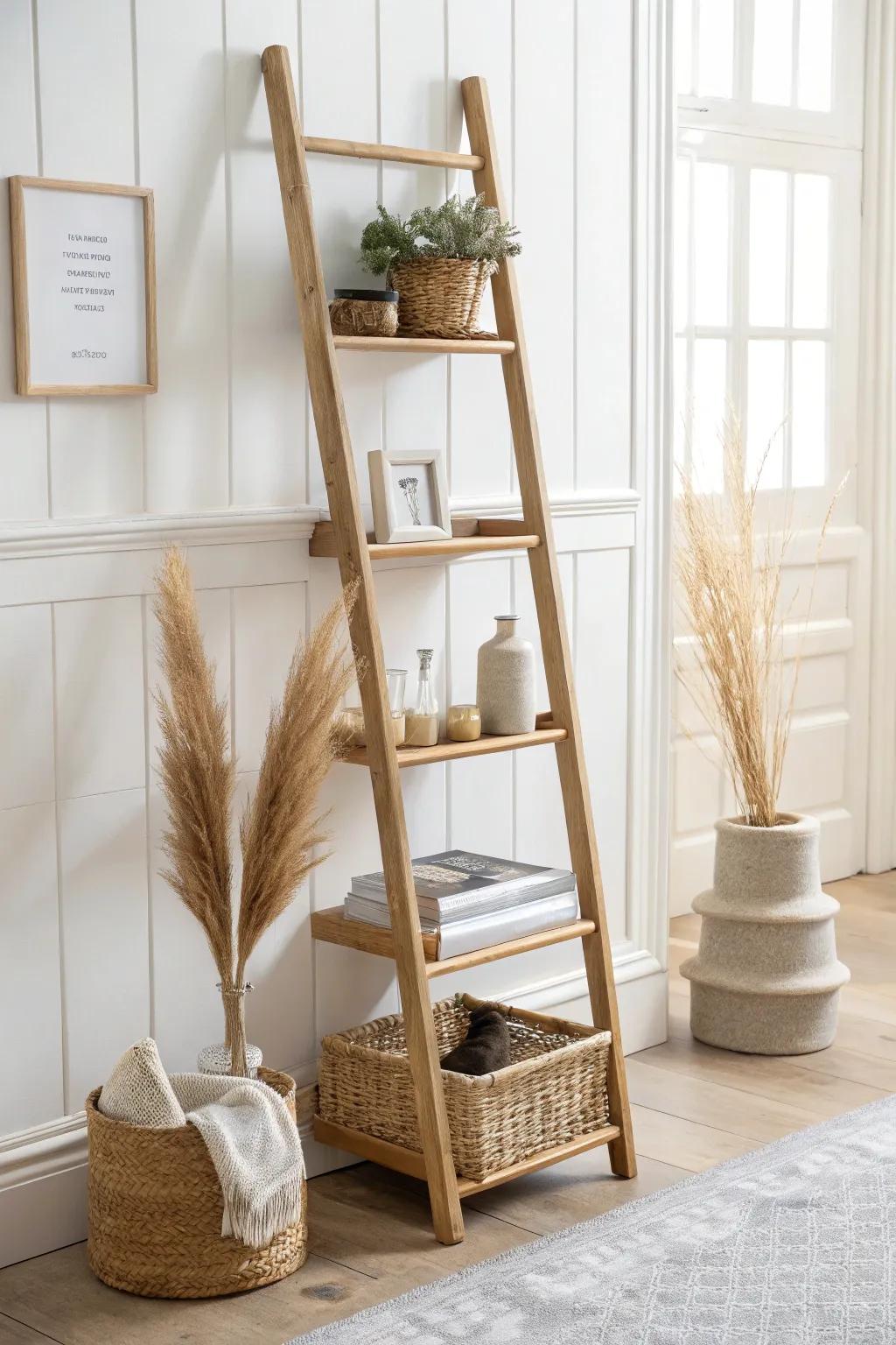 Go tall, not wide: a slim vertical shelf adds storage and makes small living rooms feel higher.