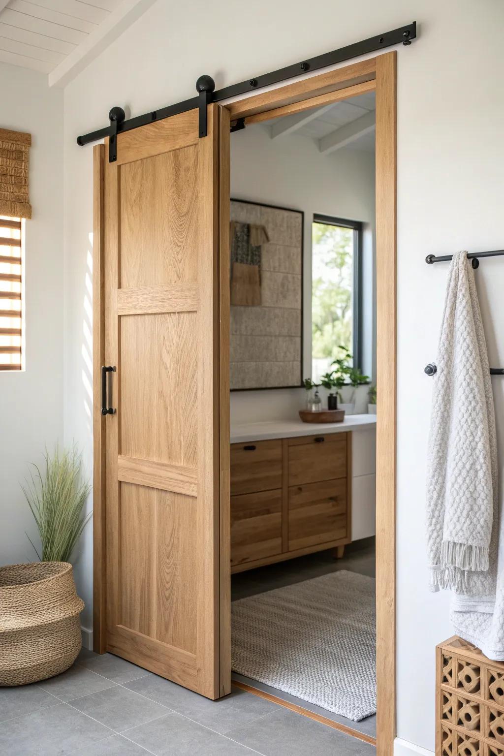 A space-saving pocket door makes a tiny skoolie bathroom feel open, calm, and effortless.