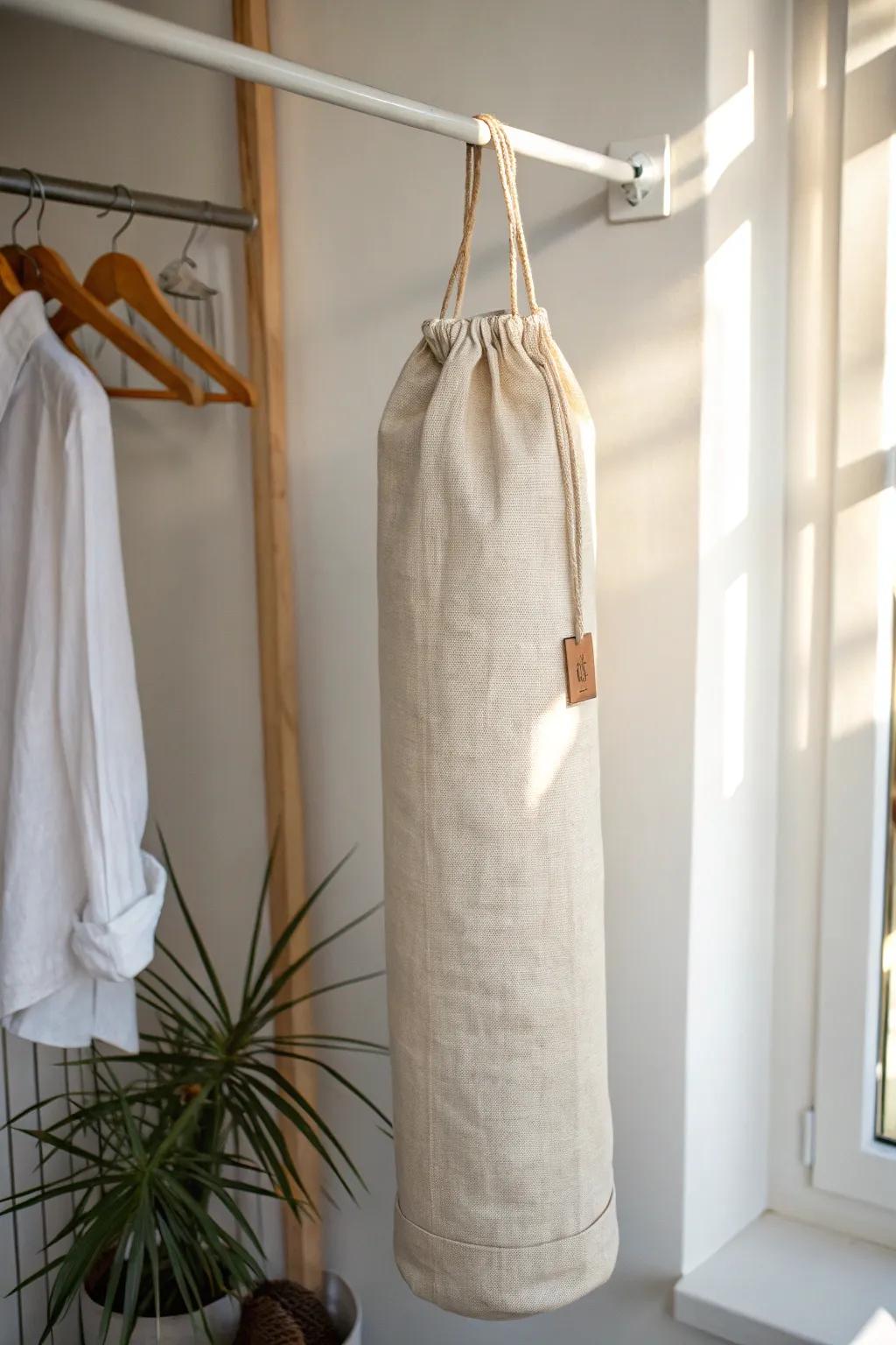 Hang a breathable fabric tube bag to store a sleeping bag lofted, neat, and uncompressed.