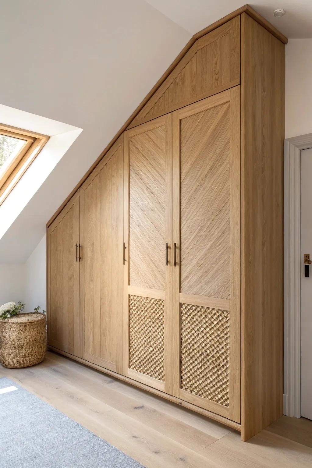 Angled cabinet fronts that hug a sloped ceiling—custom built-ins with a sleek, polished finish.