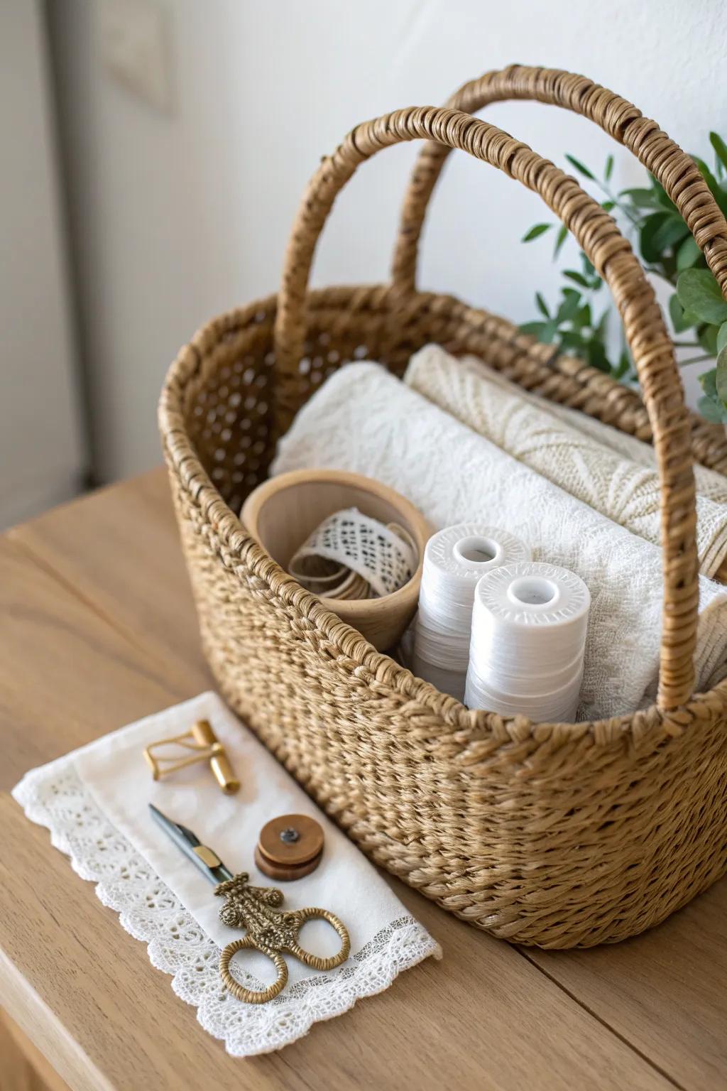 A single woven basket turns tiny vintage finds into a tidy, irresistible mini “collection.”
