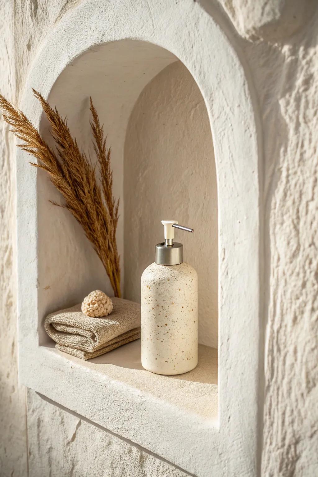 A recessed shower niche adds hidden storage—keeping your tiny bathroom sleek and clutter-free.