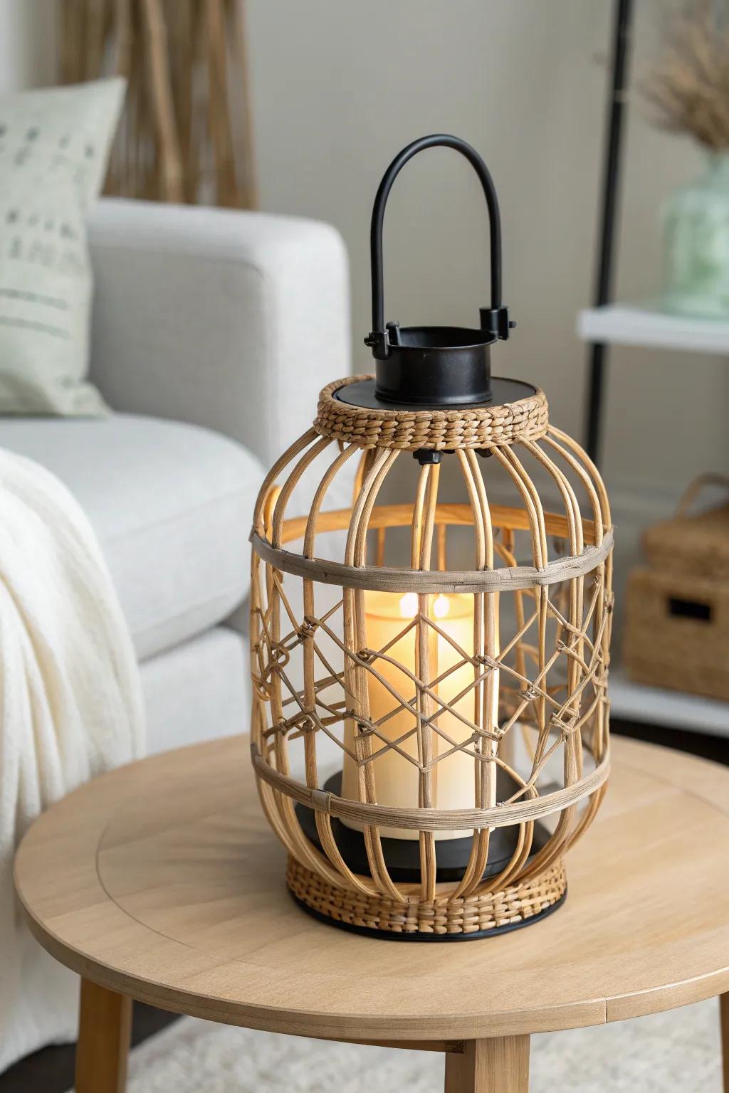 Portable lantern light adds instant cozy mood anywhere in a small apartment—no extra cords needed.