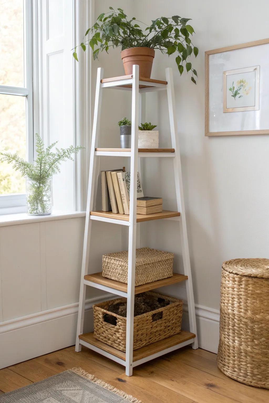 Turn an empty corner into storage: a sleek corner shelf for plants, books, and baskets.