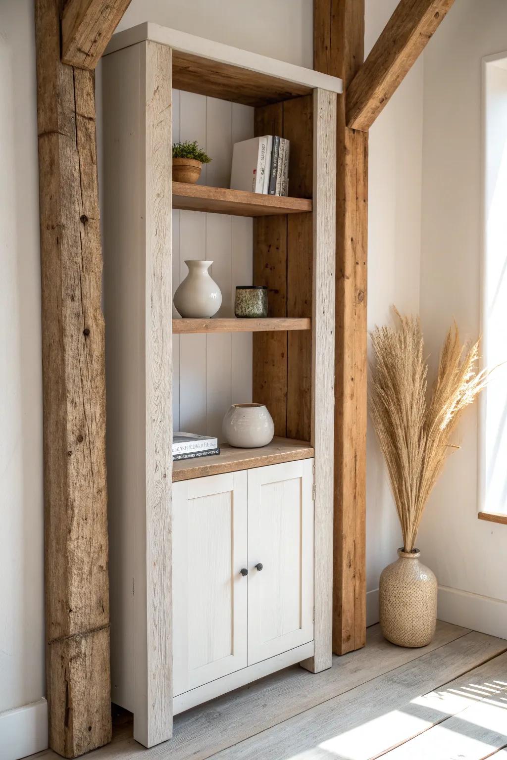Open shelving nestled between barn beams—turn structural bays into beautiful storage.