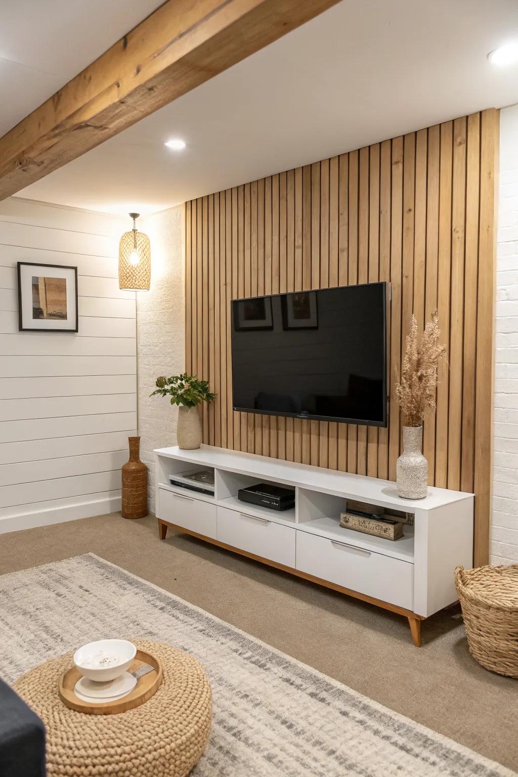 A compact media wall with hidden cords instantly makes a small basement feel finished and luxe.