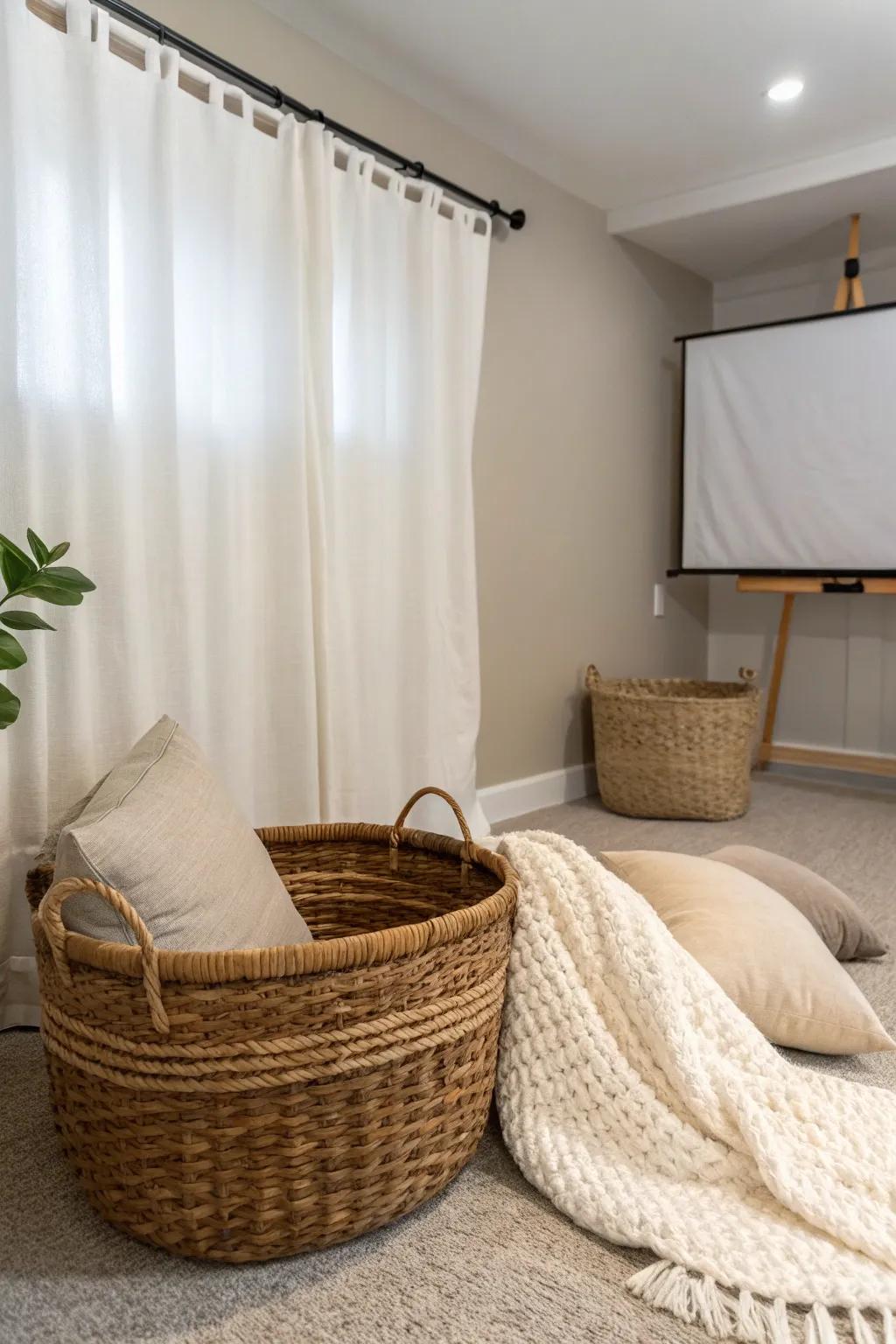 Budget basement movie nook: a simple white curtain screen + cozy pillows in a woven basket.