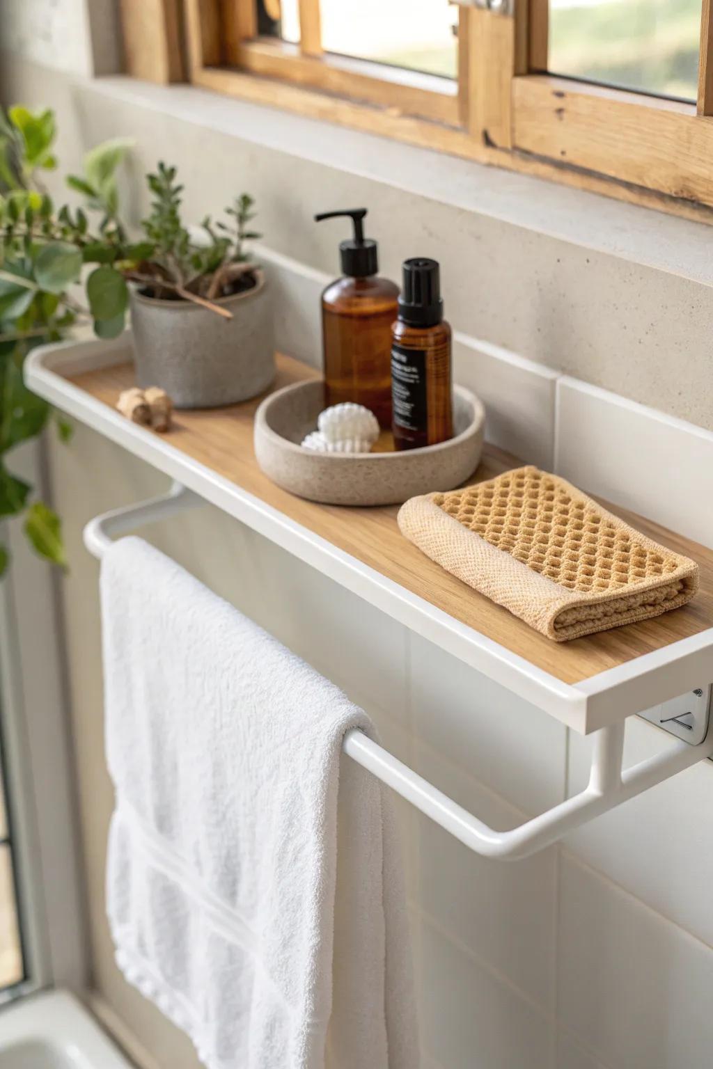 A shelf-and-towel-bar combo in light oak: the prettiest small-bathroom space saver.