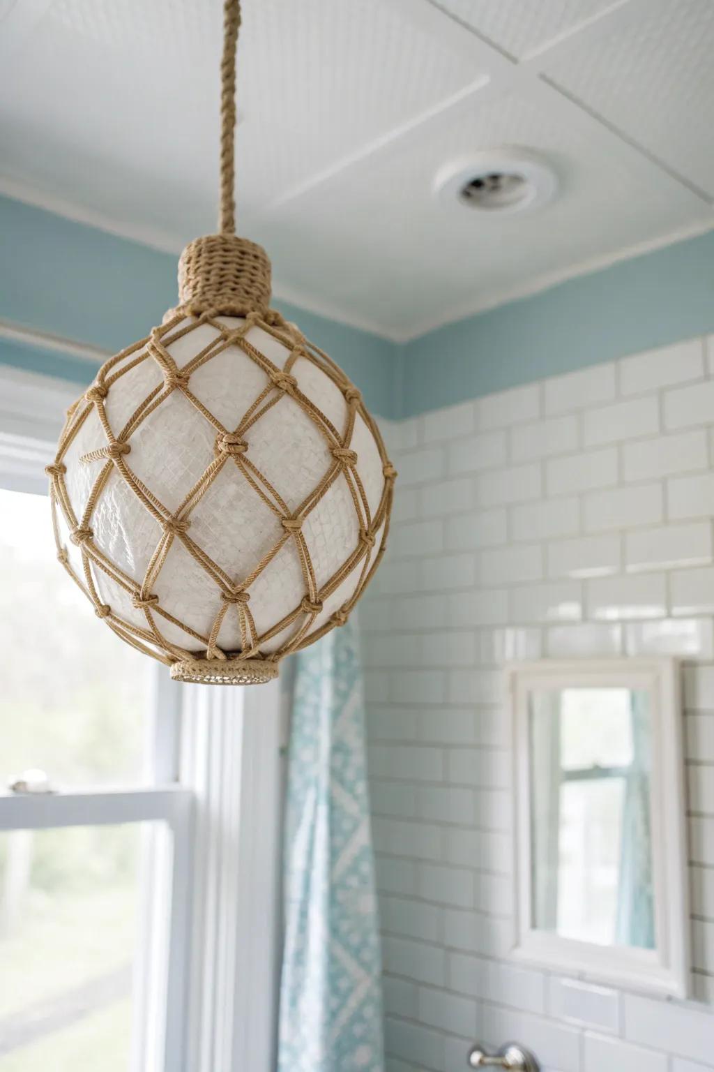 A pale sky-blue ceiling adds a sneaky, custom pop to a tile-heavy small bathroom.