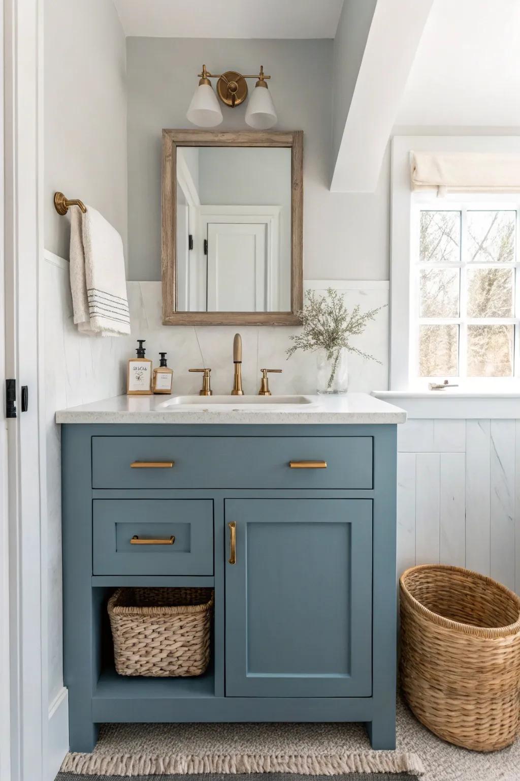 Echo your blue vanity with a slim tile band—tiny repeat, big custom feel in small baths.