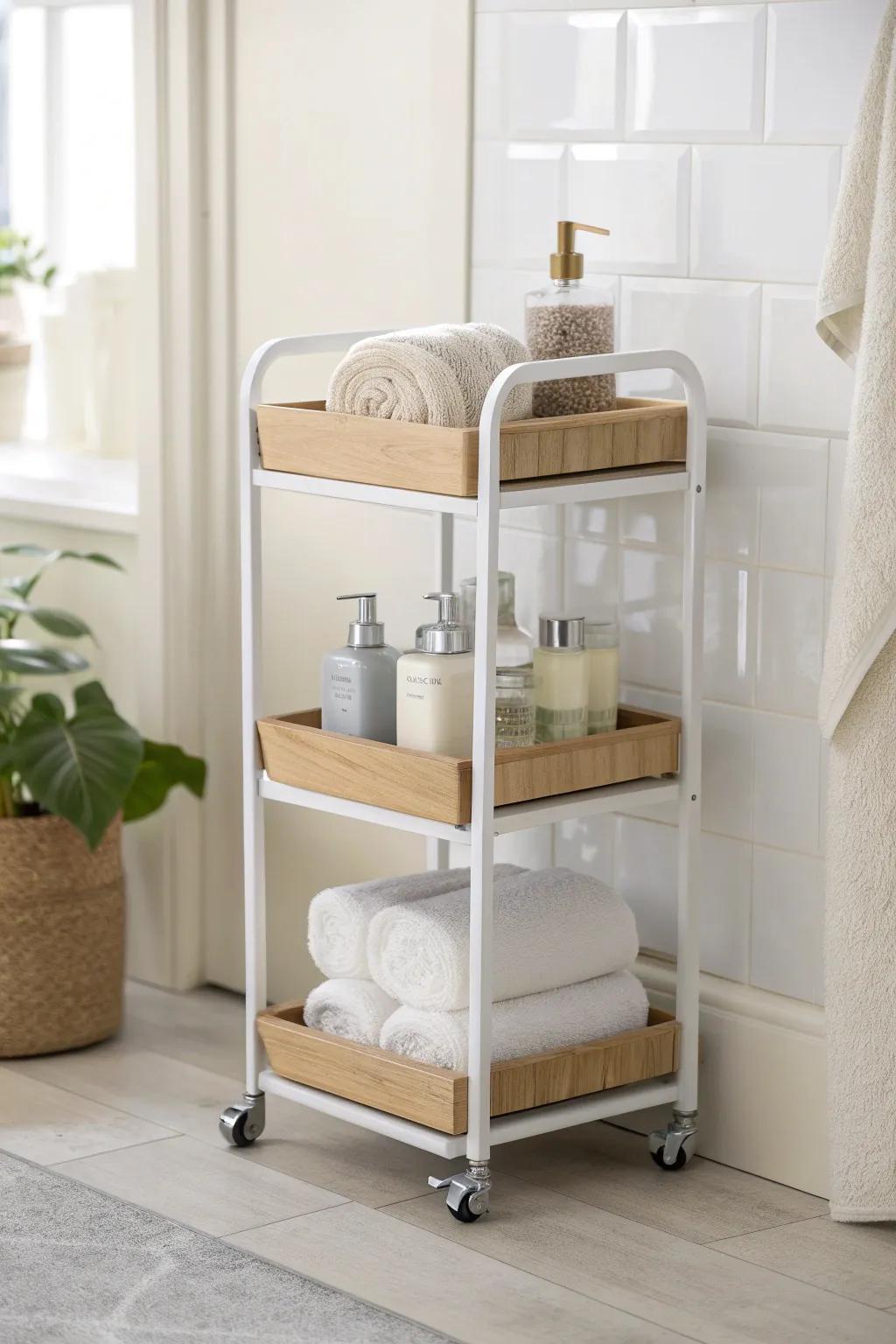 Slim rolling cart: daily skincare on top, backups below—flexible storage for tiny bathrooms.