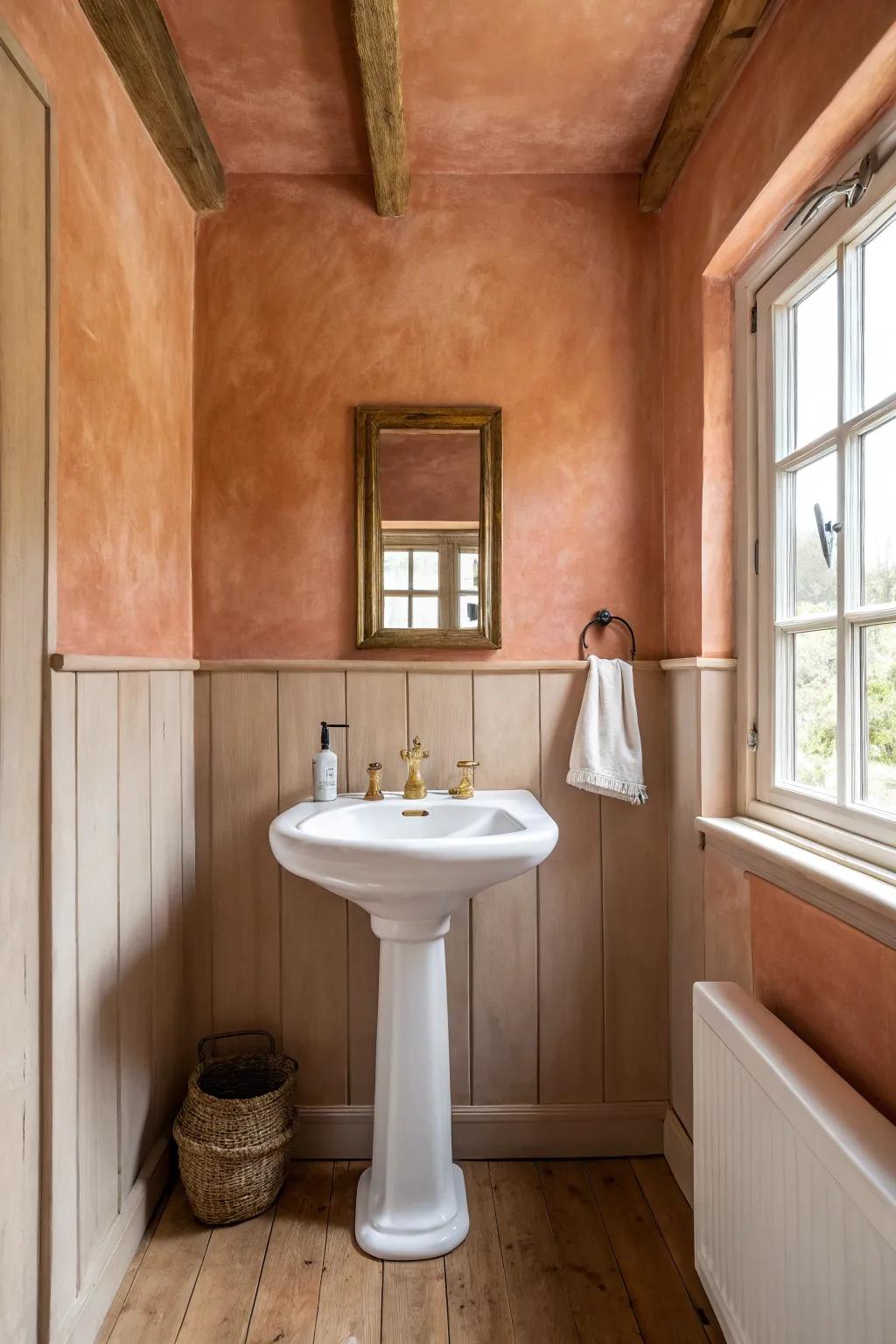 Color-drench walls + ceiling to blur edges—tiny bathroom, big impact with one serene hue.