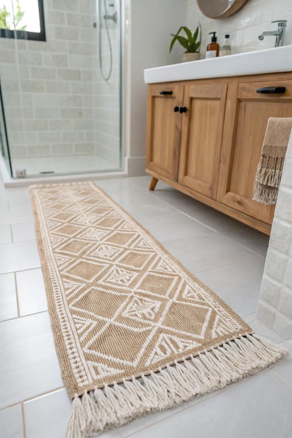 A long runner rug links shower to vanity—one soft, stylish path in a small bathroom.