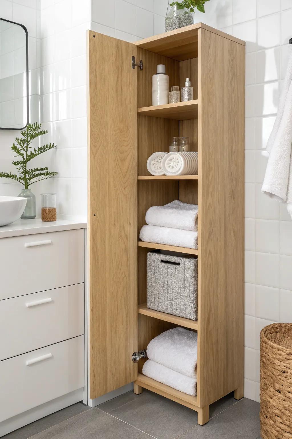 Stack modular cube cabinets to blend open styling with hidden storage in a small bathroom.