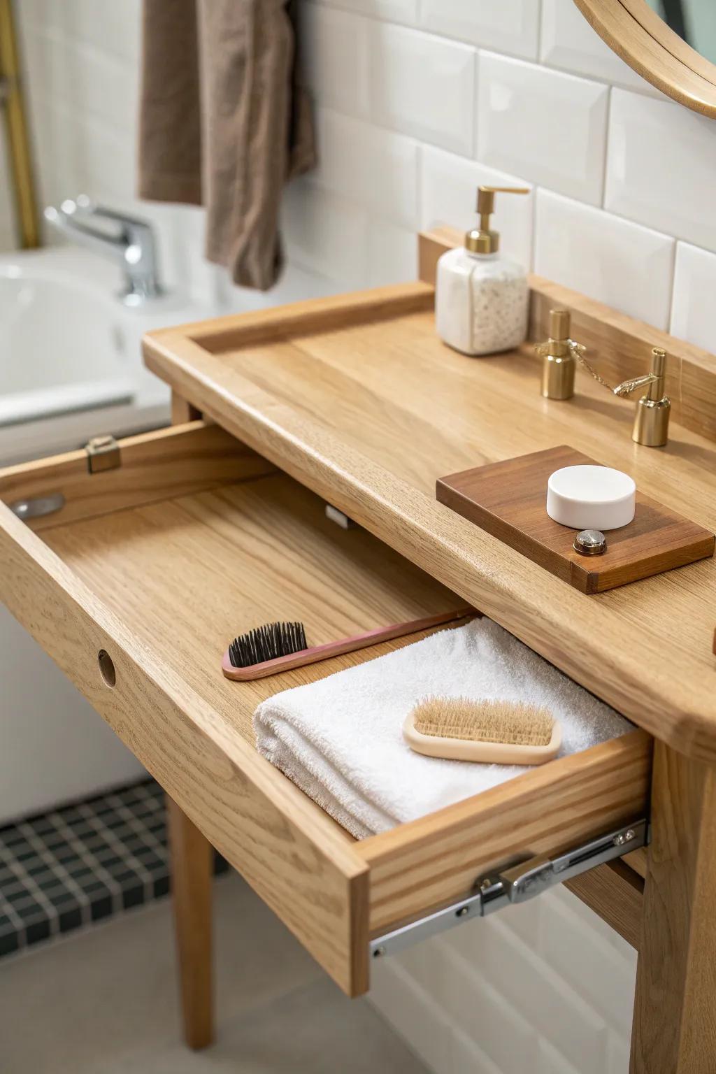 Fold-down bathroom table: instant counter space when you need it, gone when you don’t.