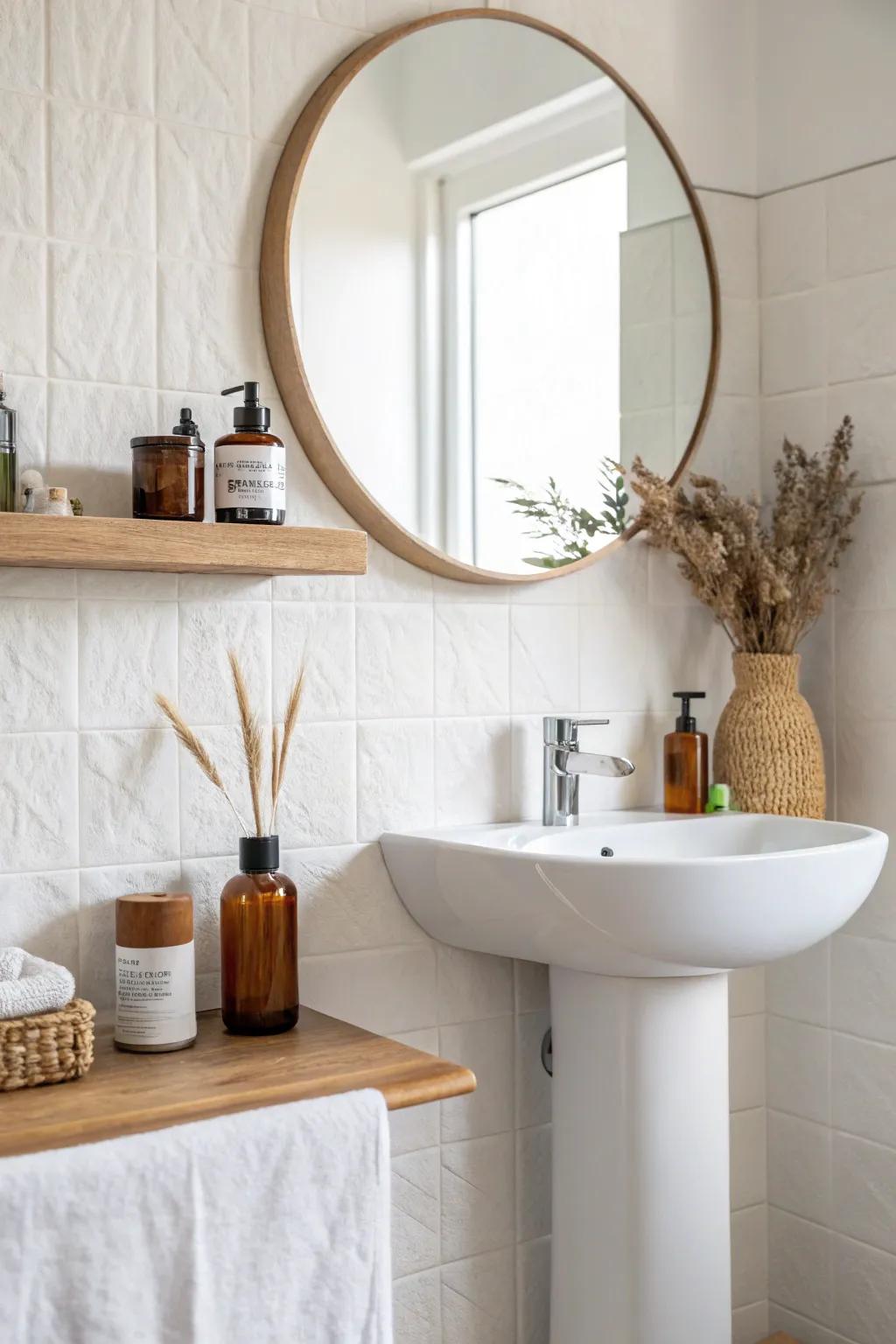 A slim picture ledge under the mirror adds storage without crowding a tiny pedestal sink.