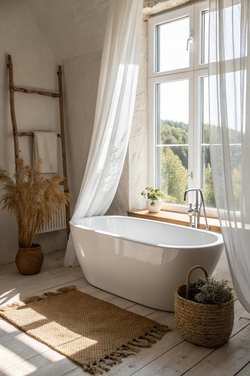 A petite bathtub under the window—natural light turns a tiny bathroom into a calm retreat.