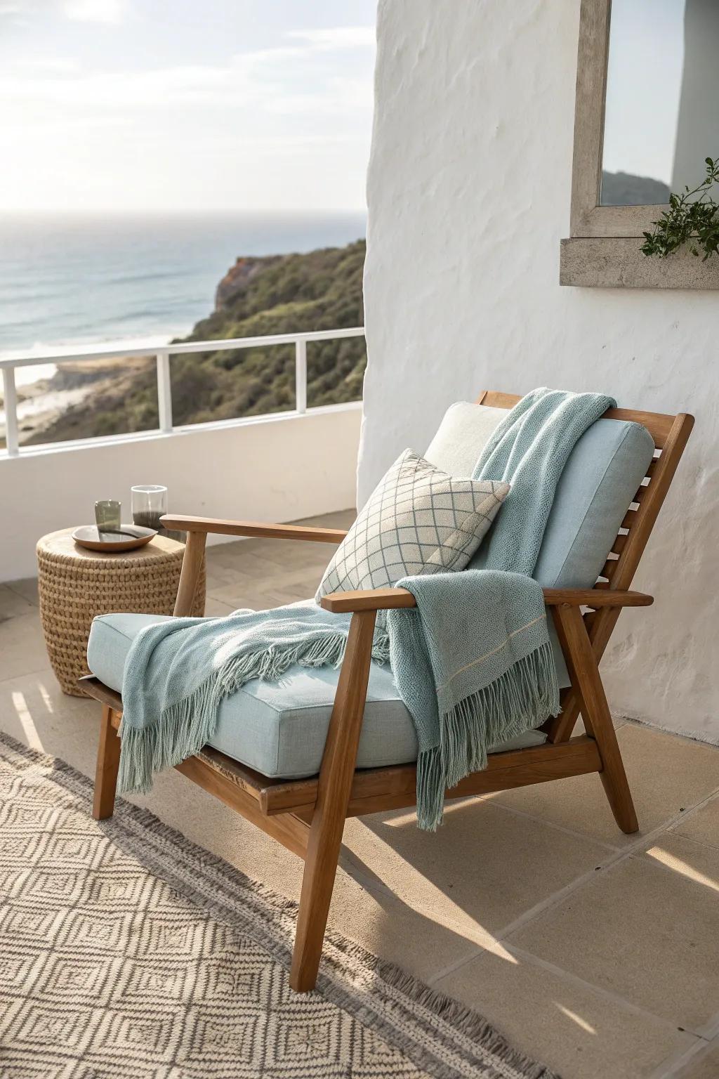 Make a tiny balcony feel like an extra room with matching blue indoor‑outdoor textiles.