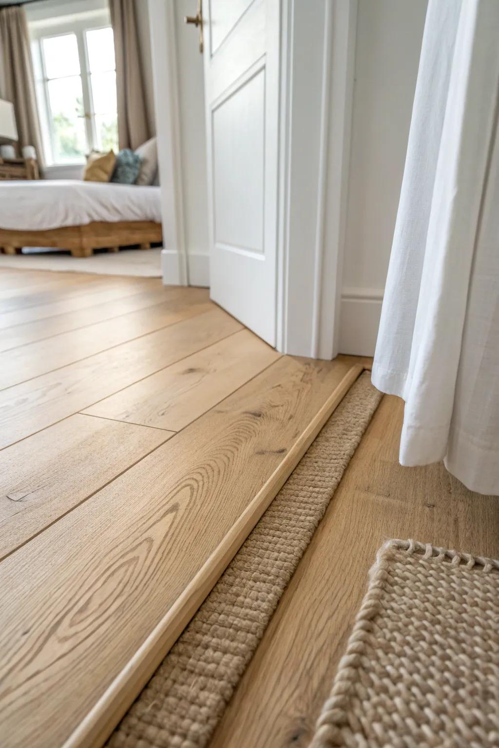 One continuous floor from bedroom to hall makes the space feel bigger and calmer.