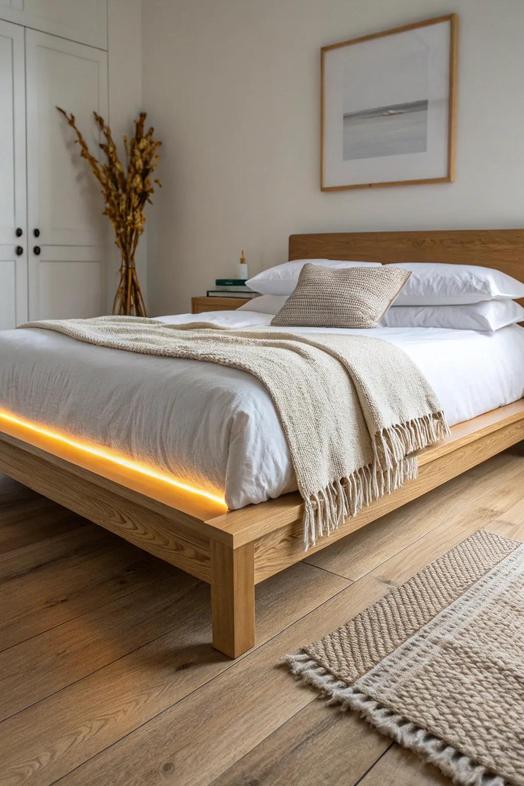 Under-bed glow makes a small bedroom feel airy—and gives a soft nightlight at dusk.
