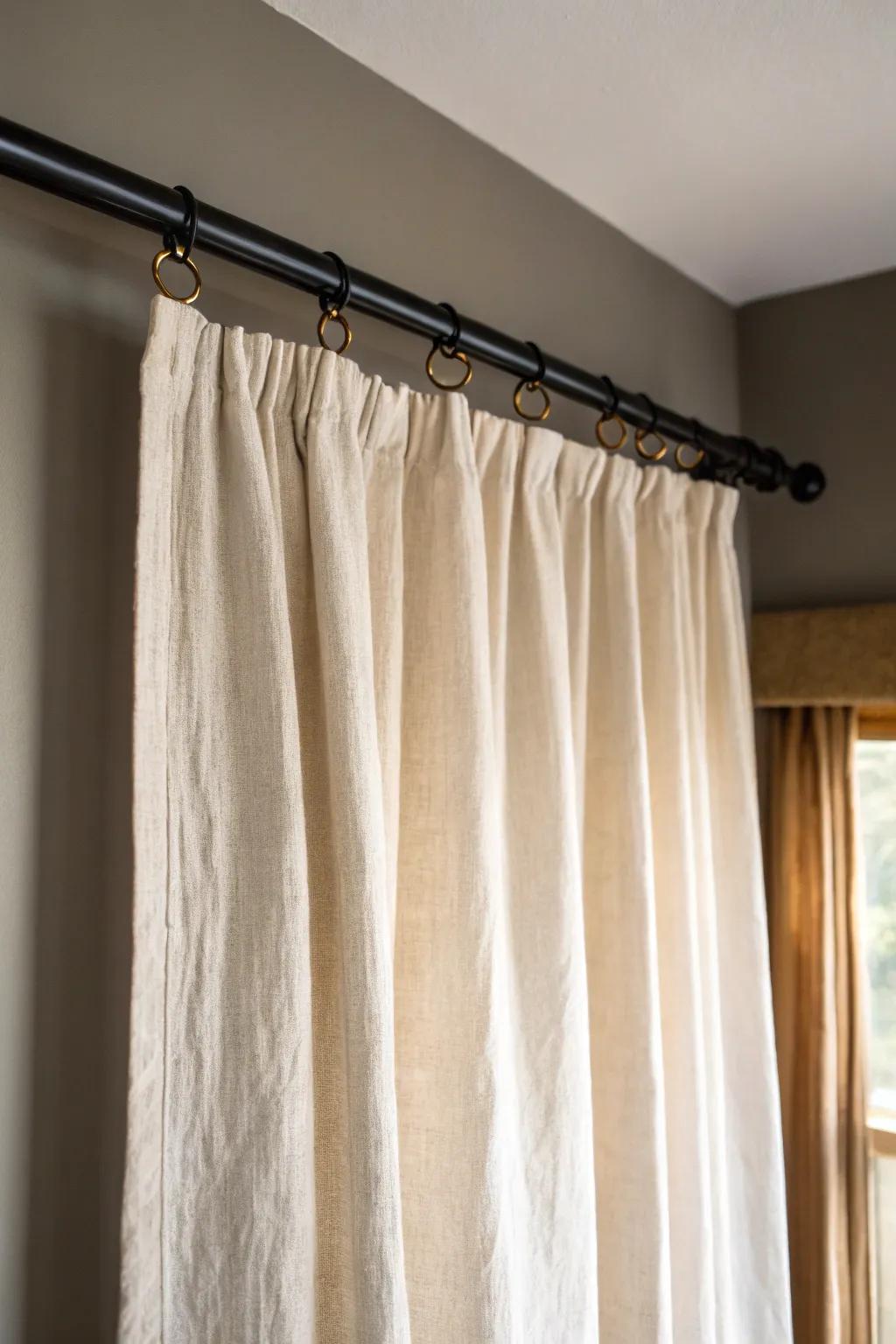 Swap bulky closet doors for a linen curtain—free up floor space and soften a tiny bedroom.