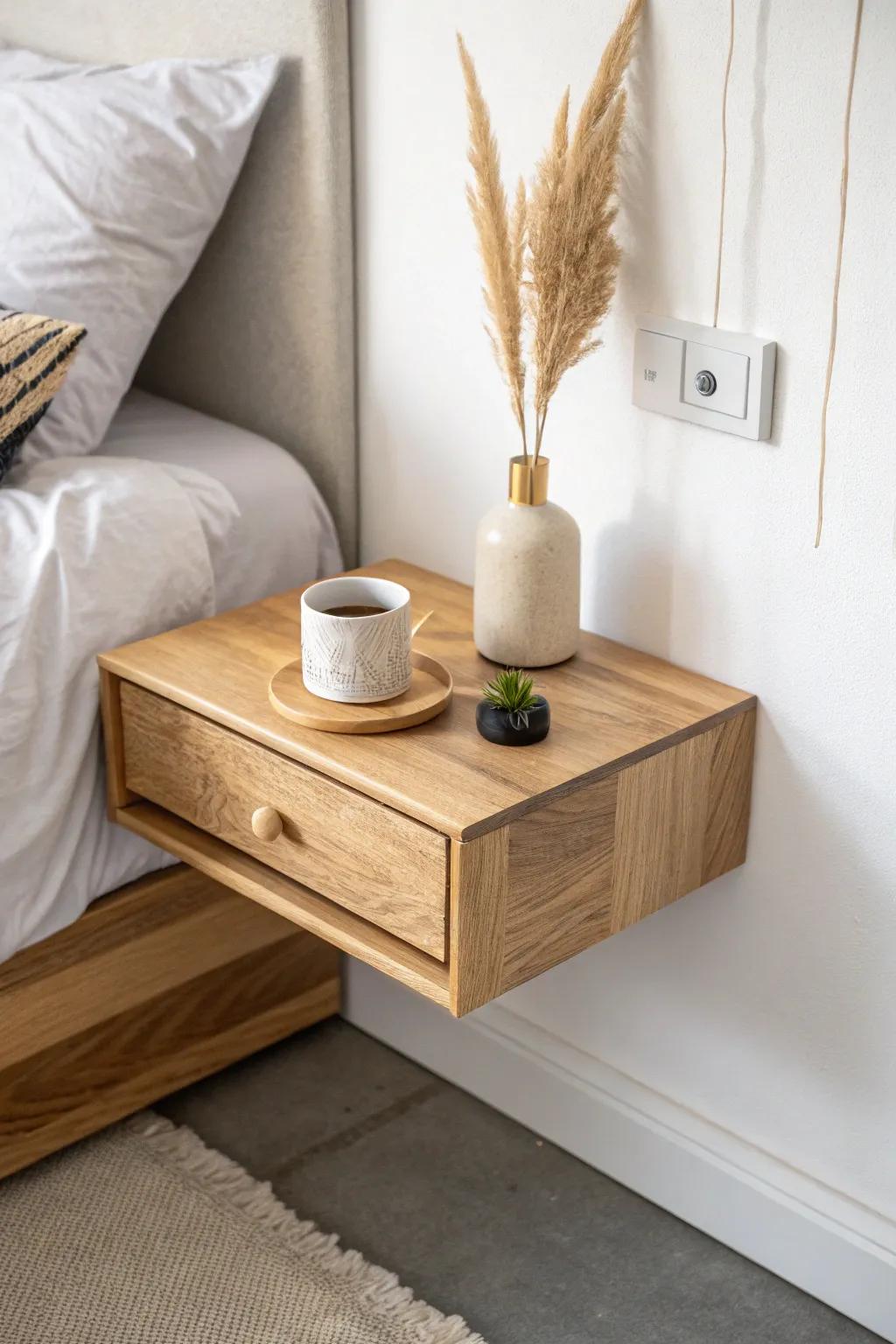 A simple floating nightstand keeps essentials close while making your small bedroom feel bigger.