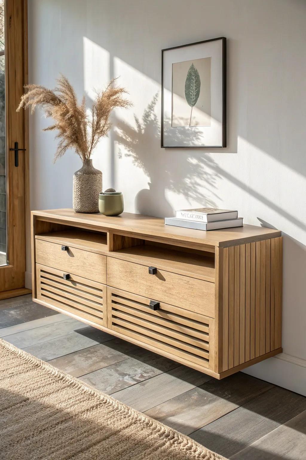 A wall-hung slim dresser keeps tight bedrooms open, airy, and effortlessly chic.