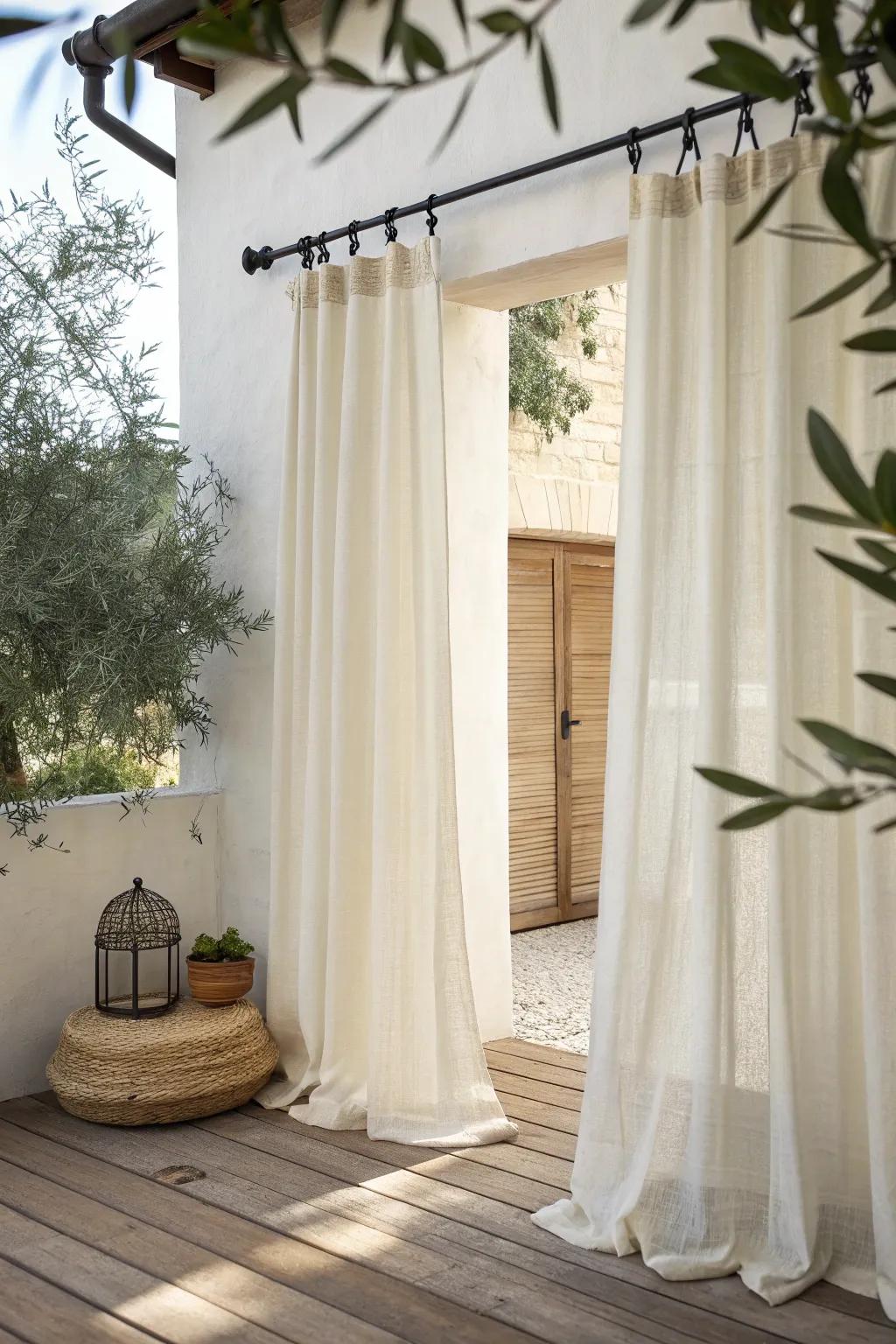 Sheer outdoor curtains instantly fake a cabana and add cozy privacy to tiny patios.