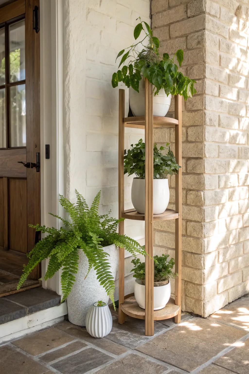 A slim vertical plant stand turns a tiny brick porch corner into a lush green moment.