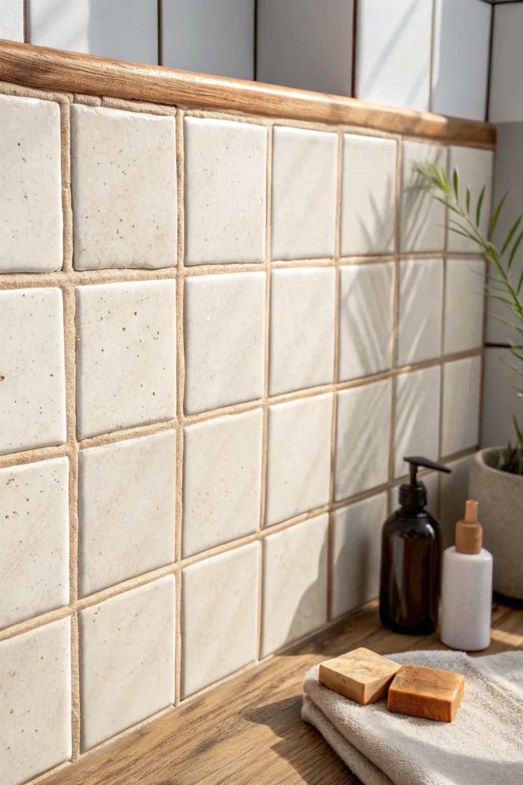 Light tiles + brown grout: a warm, designer grid that adds definition without shrinking a small bath.
