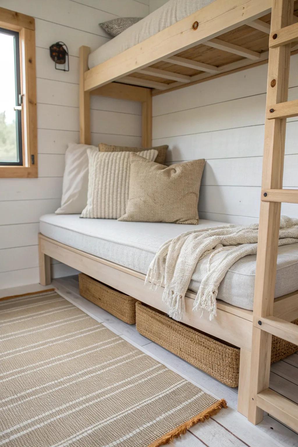 Convertible lower bunk bench: cozy daytime lounge that stacks away for sleep-ready nights.