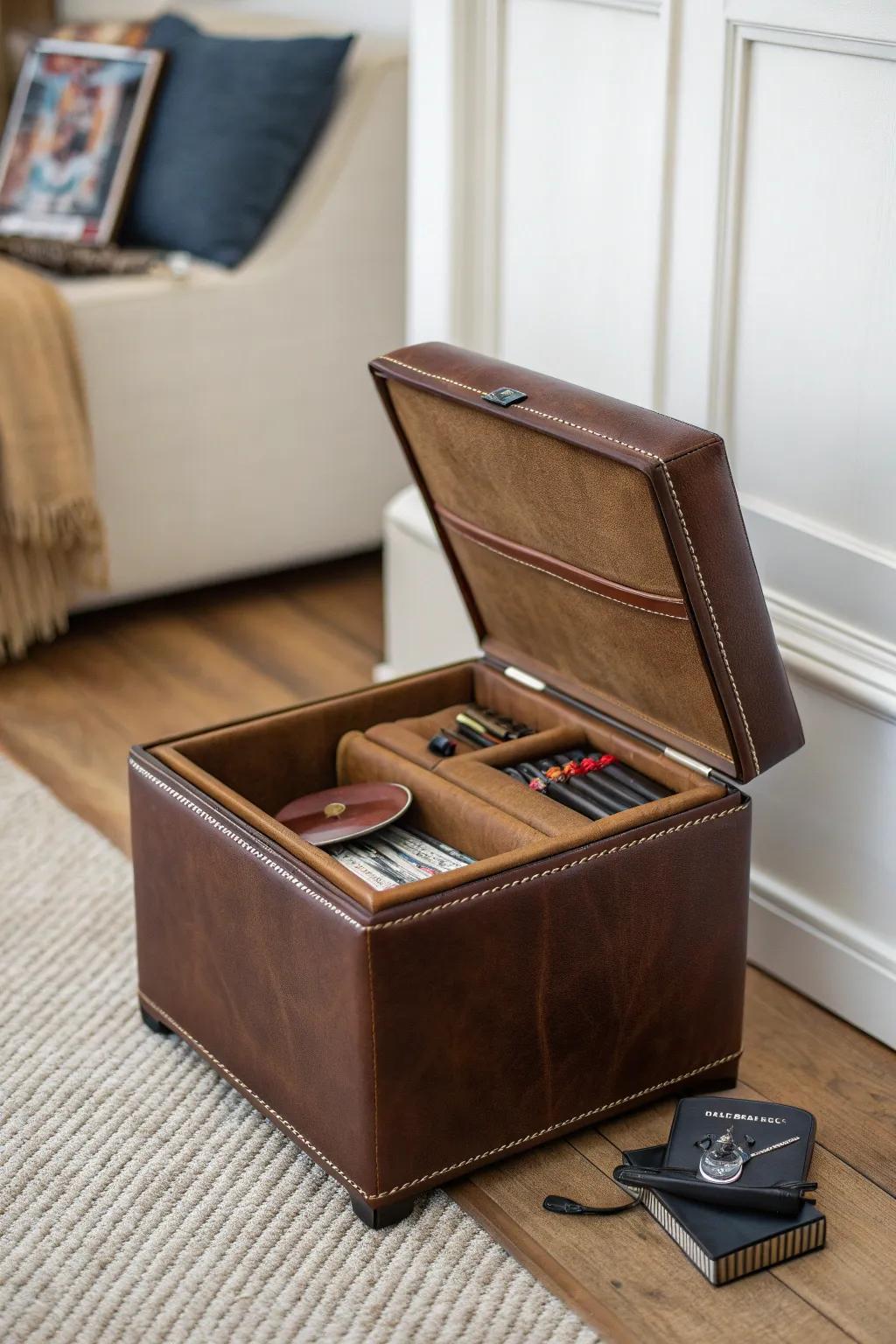 A chic storage ottoman hides cigar essentials, keeping your small room sleek and grown-up.